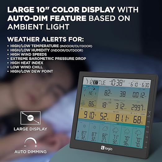 Logia 21-in-1 Wireless Weather Station with 7-in-1 Solar Sensor Array, 6-Day Forecast, Wi-Fi, Large 10" Color Display, Wind Speed/Direction, Rainfall, UV Index, Light Intensity, Temperature & Humidity