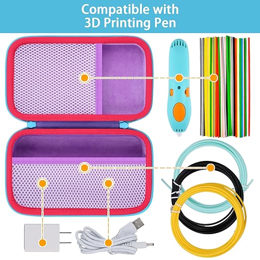 Case Compatible with 3Doodler Start+ Essentials/3Doodler Flow 3D Printing Pen,Storage Holder for 3D Pen PLA Filament and Charger (Purple Case,Blue Zipper)