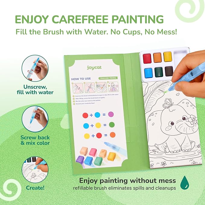 JoyCat 2 Pack Pocket Paint with Water Coloring Books for Kids, Art & Craft Activity Toy Set, Creative Travel & Home Painting Kit, Gifts for Girls & Boys Ages 3-8 (Animals & Dinosaurs)