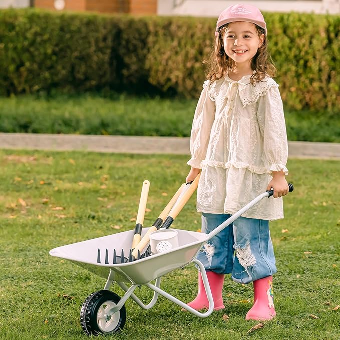 ROBOTIME Kids Wheelbarrow with Gardening Set – Metal Wheelbarrow Toddler Outdoor Play Toy with Garden Tools, Watering Can & Plant Labels, Pretend Play Yard Equipment for Boys and Girls (Grayish white)