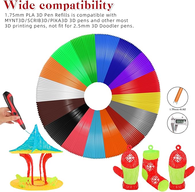 3D Pen Filament Refills 32 Colors 320ft Each Color 10 feet 1.75mm PLA 3D Pen Filament Christmas Gifts (32 Colors)