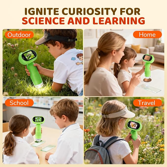 Kids Microscope Aurosports Microscopes Handheld Pocket - 1000X Miniscope Portable with Photo & Video - 2 Inch HD IPS Screen 32GB Digital Microscopes for Gifts