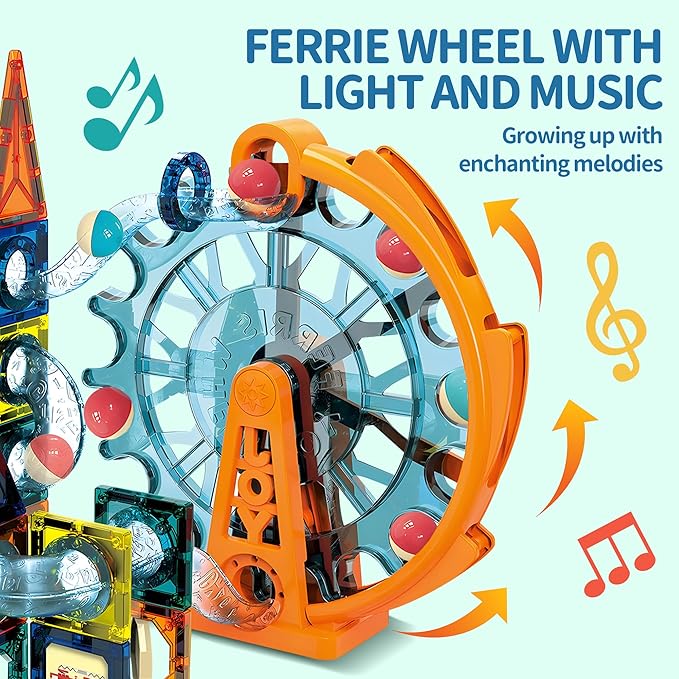 Motorized Marble Run Set, 107-Piece Magnetic Tile Building Toy with Ferris Wheel & Elevator, Marble Runs for Kids 4-8, Marble Maze Game Building Toy, Perfect STEM Educational Gift for Kids Ages 4-12