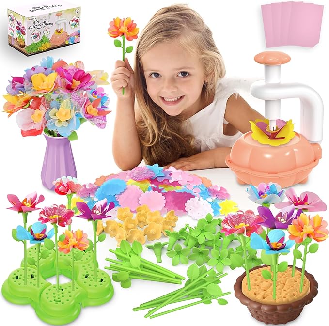 Fabric Flower Bouquets Toys for Toddlers and Girls Ages 3 4 5 6 7 8 9, Arts & Crafts Kit for 4-8 Year Old Kids, Ideal Festive Christmas Gifts for Preschool Girls, Educational Handmade DIY Activity Set
