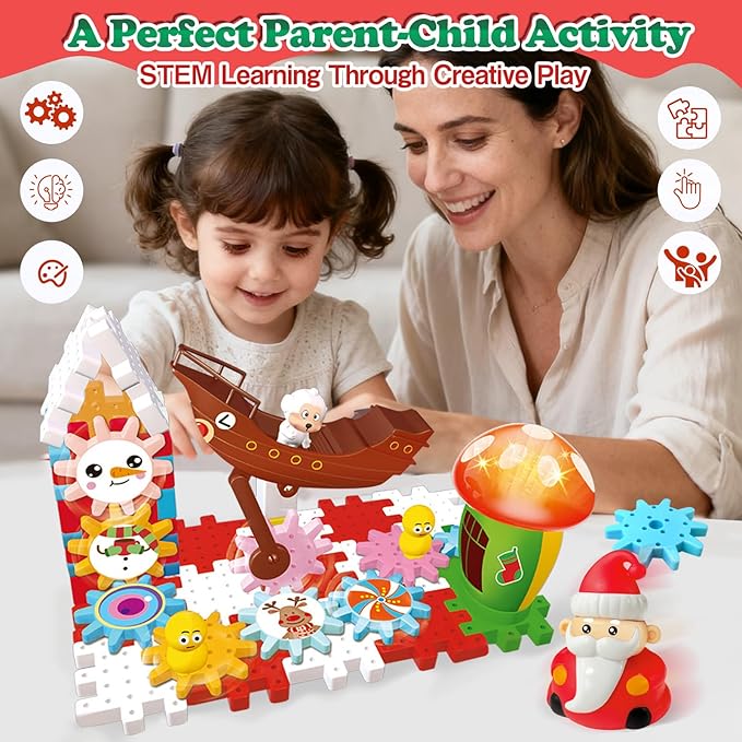 CORPER TOYS Christmas Gear Building Set for Kids，57PCS DIY Electric Gears Toy with Lights & Music & Pull Back Santa STEM Building Toy for Boys and Girls Ages 3+