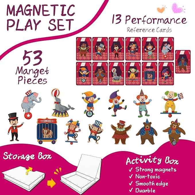 Circus Magnetic Puzzle Book for Toddlers, 37PCS Montessori Travel Set with 16 Activity Cards - Airplane Essentials for Kids Road Trip Game, Interactive Magnet Board for Boys Girls Ages 3+