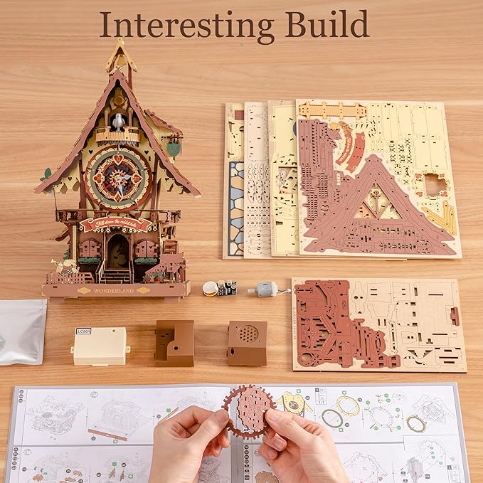 ROBOTIME 3D Wooden Puzzles for Adults-Cuckoo Clock Wooden Models for Adults to Build-435 Piece Model Kit with 2 Lights-Gift for Craft Enthusiast Model Building Set (Colourful)