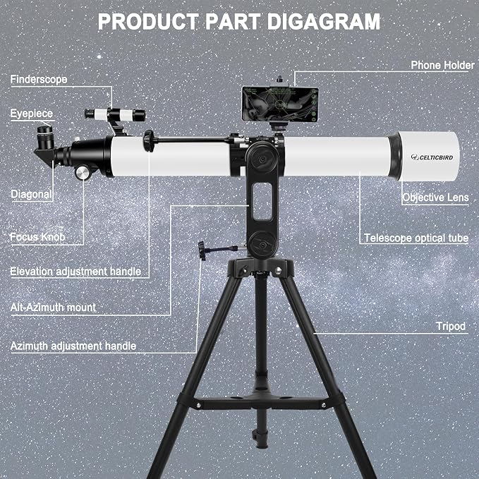Telescope for Adults High Powered, 90mm Aperture 1000mm Refractor Telescopes for Adults Astronomy Telescopio with High Precision Adjustment, Ultra-Stable Vertisteel AZ Mount Base Tripod, Phone Adapte