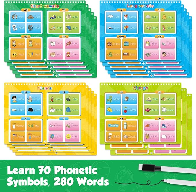 Phonics Busy Book for Toddlers, Phonics Games Sticker Activity Book, Preschool Learning Activities, Sight Word Flash Cards, Reading & Spelling Games for Kids Ages 3-6, Homeschool Supplies