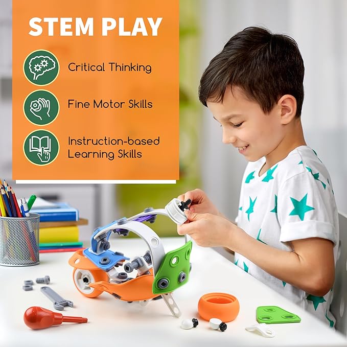 Play Brainy Erector Set Set for Kids, 132pc 3D Vehicle Puzzle Toy - Includes Helicopter, Plane, Tractor, Car, and Motorcycle, A 5-in-1 Stem Building Kit for Boys and Girls Ages 5-12