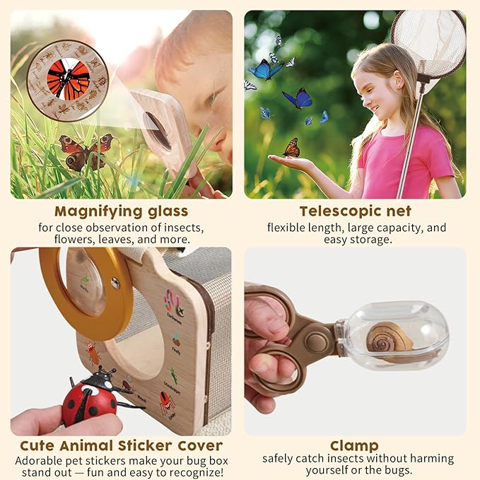 Bug Catcher Kit for Kids, 10 PCS Outdoor Explorer Set with Insect Cage, Butterfly Net, Magnifying Glass, Compass & ID Cards, STEM Nature Exploration Toys for Boys Girls, Backyard Adventure Gift