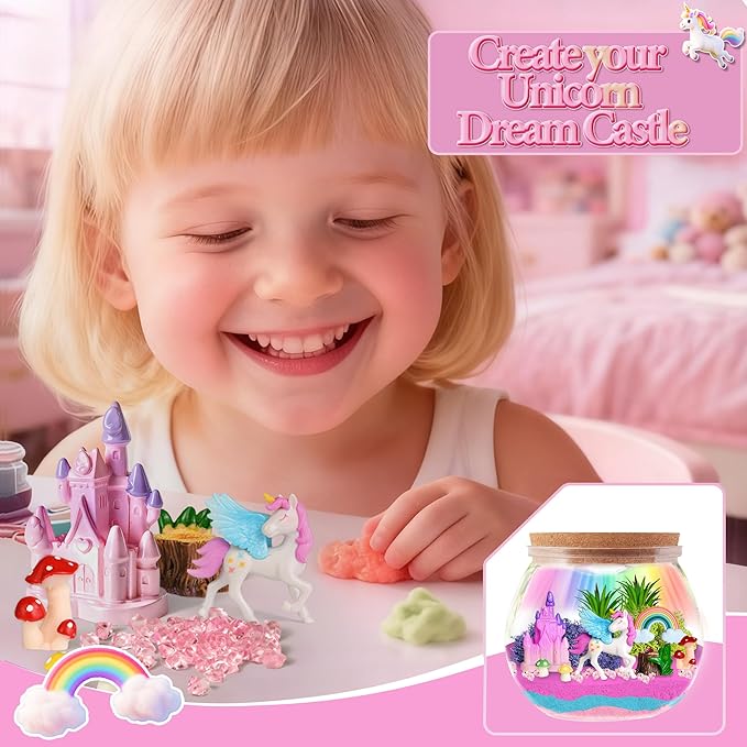 Unicorn Light-Up Terrarium Children's Craft Kit -LED Night Light Decorative Strip Remote Control, Birthday Gift for girls aged 4, 5, 6, 7, 8 - 12 Unicorn Children's Girl Gift, DIY art for children