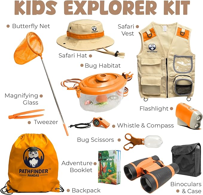 Kids Explorer Kit with Safari Vest, Hat & More - Kids Bug Catching Kit with Adventure Guide & Scavenger Hunt - Cute Dress-Up Zookeeper Costume & Safari Costume for 3-7 Year Old Boys Girls