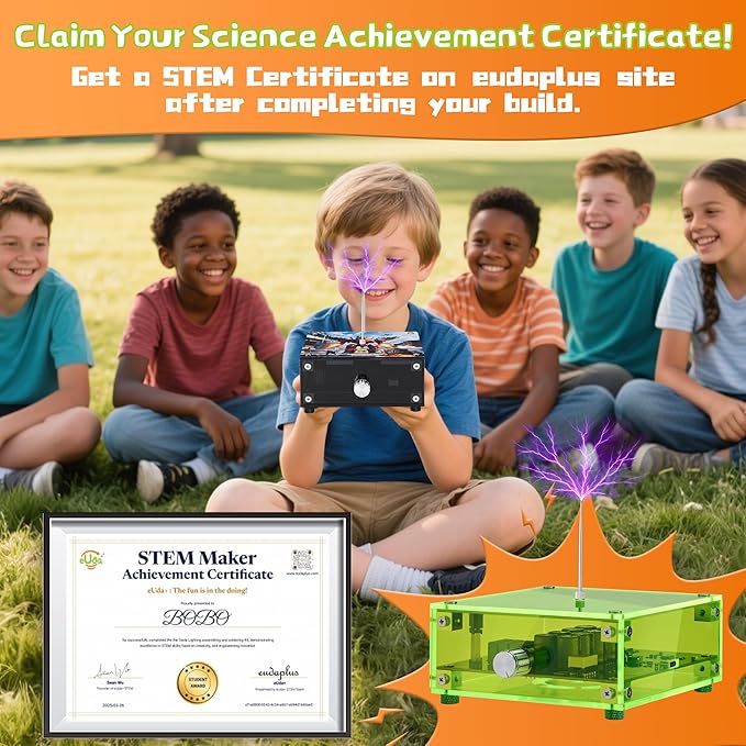 eUda+ STEM Tesla Lightning Kit – Easy DIY Electronic Science Kit – Perfect Christmas STEM Gift for Kids – Fun Hands-On Learning & Building Toy(Assembly Version) (Fire Wheel-Fox Blazer)