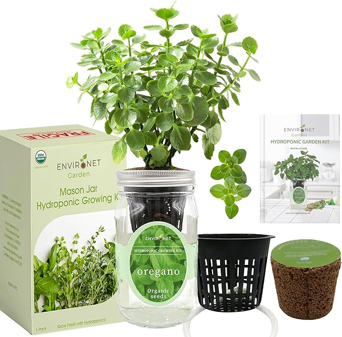 Hydroponic Herb Growing Kit, Self-Watering Mason Jar Herb Garden Starter Kit Indoor, Grow Your Own Herbs from Organic Seeds (Oregano)