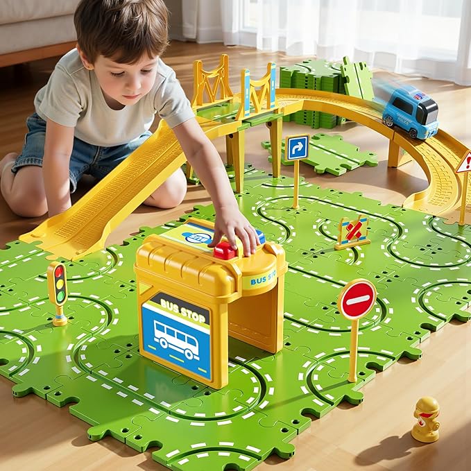2-Tier Large Puzzle Race Car Track Set for Kids 3-5, Puzzle Tracks Car Play Set, Race Tracks Toys for Toddler Boys 3 4 5 6 Year Old, Birthday Gifts for Kids 3 4 5 6 7 8 Year Old Boys Girls