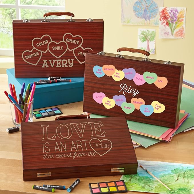 Let's Make Memories Personalized 80-Piece Deluxe Art Set - for Kids - Wood Carrying Case - Oil Crayons, Colored Pencils, Watercolors - Arts & Crafts - Add Their Name - Colorful Hearts