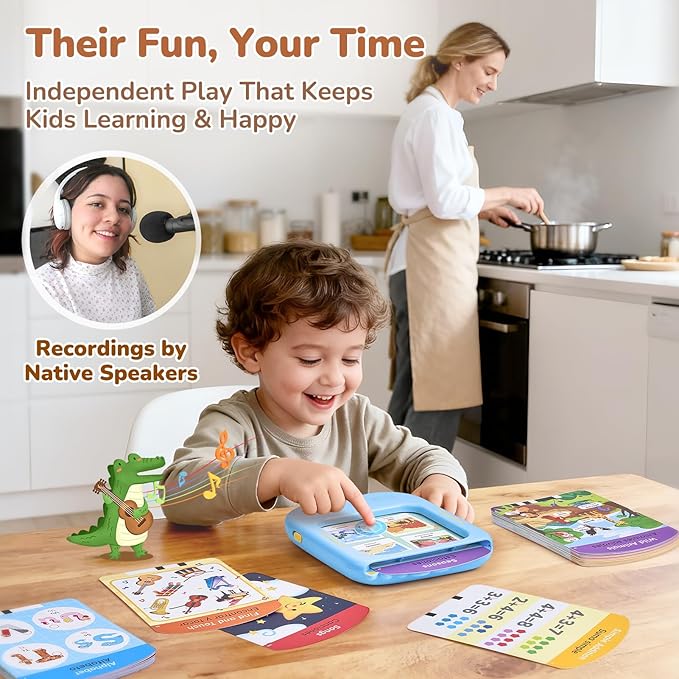 JoyCat Bilingual Kids Learning Tablet, 106 Pages Spanish & English Talking Cards with 20 Interactive Games, Montessori Toy for Alphabet, Words, Numbers, Colors & Songs, Learning Gifts for Toddler 2-6