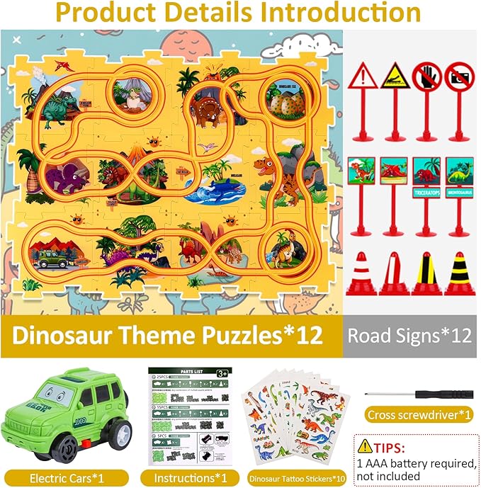 25PCS Puzzle Racer Dinosaur Themed Series, Kids Car Track Set, Educational Puzzle Toys Gifts for Boys and Girls