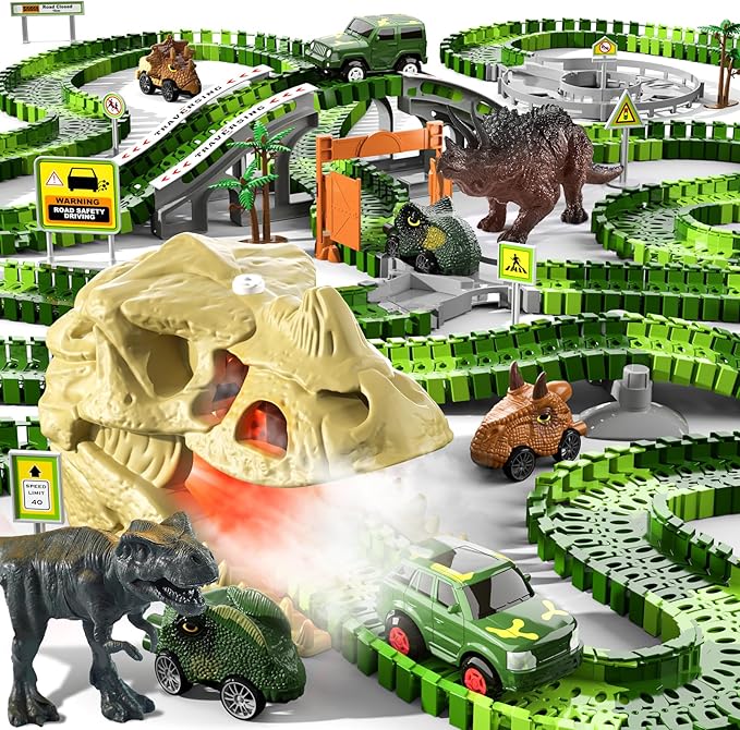 iHaHa 249 PCS Dinosaur Toys Race Car Track, Toys for Kids Toddler Boys Ages 2-4 3-5 4-6, Kids Race Tracks with Light, Sound & Spray, Birthday Dinosaur Gifts for 2 3 4 5 Year Old Boys