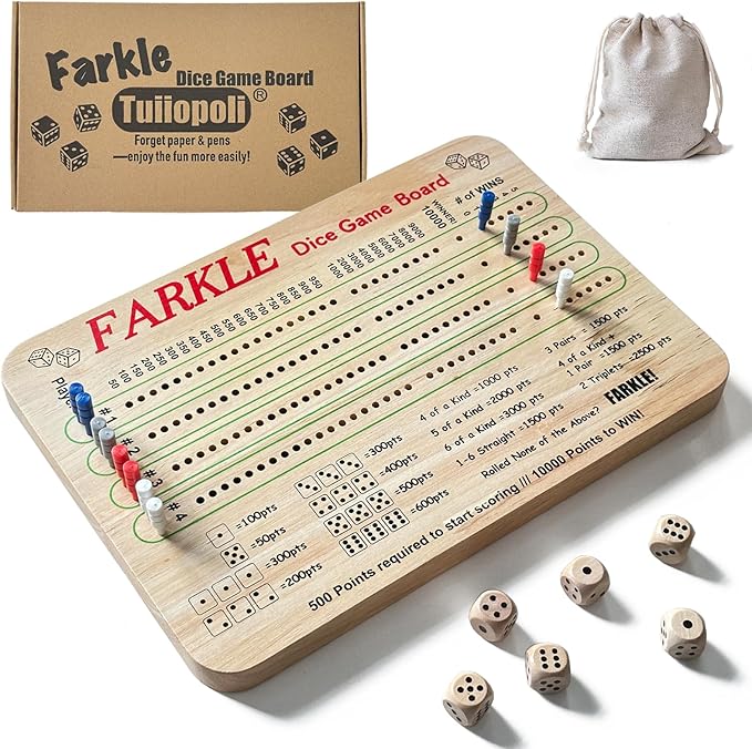Tuiiopoli Farkle Dice Scoreboard Set, Paper& Pens- Free Design 4 Sets of Colored Player Pegs 6 Wooden Dice for Game Night Party Travel (Original Oak)