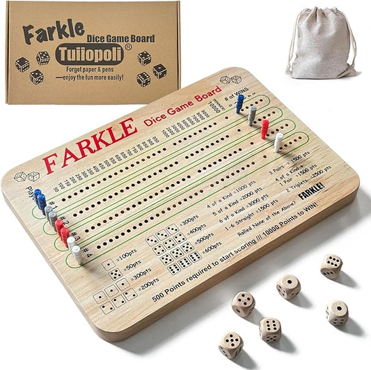 Tuiiopoli Farkle Dice Scoreboard Set, Paper& Pens- Free Design 4 Sets of Colored Player Pegs 6 Wooden Dice for Game Night Party Travel (Original Oak)