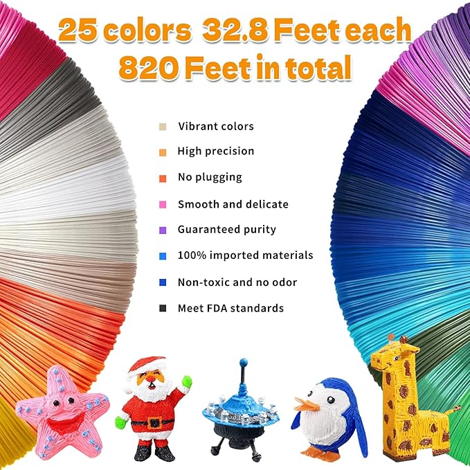 25 Colors 3D Pen PLA Filament Refills, 32.8 ft per Color Total 820 ft - 1.75 mm PLA Filament, Compatible with MYNT3D / SCRIB3D Printing Pen, Not Support for 3Doodler Pen