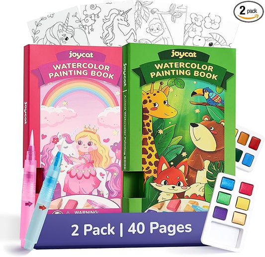 JoyCat 2 Pack Pocket Paint with Water Coloring Books for Kids, Art & Craft Activity Toy Set, Creative Travel & Home Painting Kit, Gifts for Girls & Boys Ages 3-8 (Magical Pony & Animals)