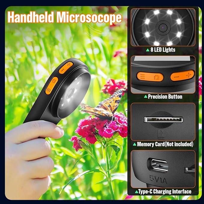 Microscope Magnifying Glass for Kids and Adults: Portable Handheld Digital Microscope with Light - 100X Pocket Jewelers Loupe with 2" Screen - USB Mini Coin Collectors Magnifier for Windows Mac OS