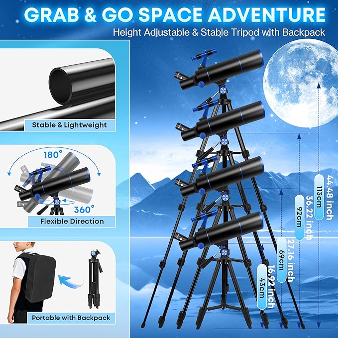 Hawkko Telescope for Adults & Beginners, 80mm Aperture 500mm Telescopes for Adults Astronomy, (20X-150X) Portable Refractor Telescope Kit with Decorate Stickers, Backpack, Phone Adapter - BlackBlue