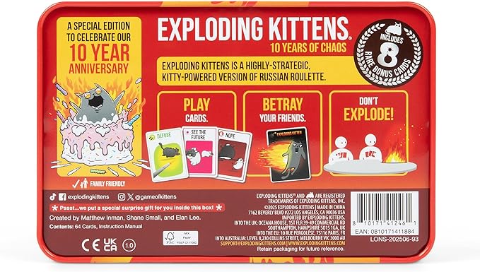Exploding Kittens -10th Anniversary Collectible Tin (New Edition) – Updated with 8 Legacy Cards – Hilarious Fast-Paced Card Game for Adults and Kids, Travel Friendly, Ideal for Family Game Night