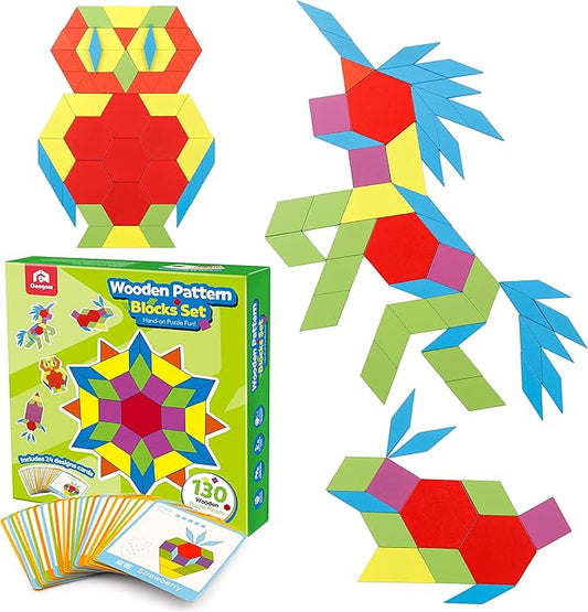 Coogam Wooden Pattern Blocks Set 130PCS Geometric Color Shape Manipulative Puzzle – Graphical Montessori Tangram Early Learning Educational Toys Brain Teasers STEM Gift for Kids with 24 Design Cards