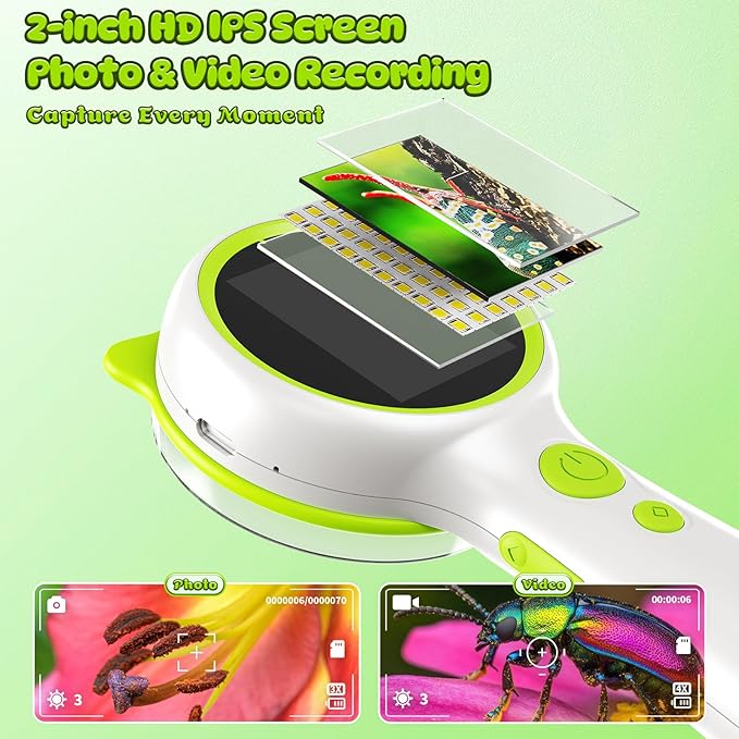 3-in-1 Microscope Camera for Kids, 2" LCD, 600X, Adjustable Focus, Mini Handheld with Handle Magnifying Glass, USB Rechargeable, STEM Kit, Birthday for Ages 3-12 Boys Girls