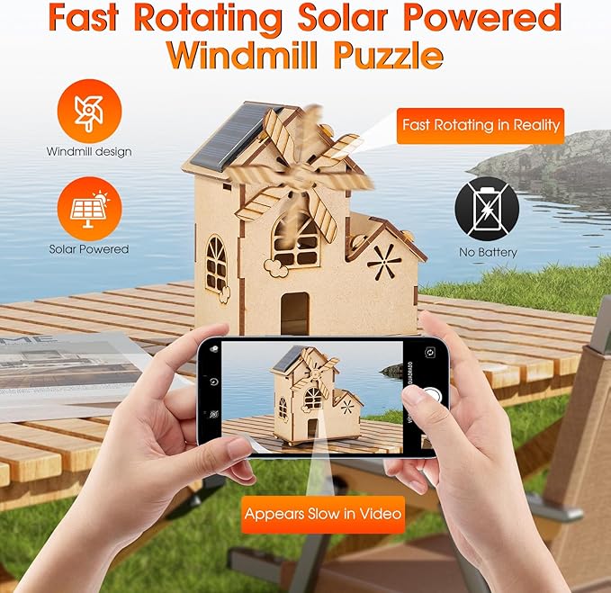 Solar Powered 3D Puzzle House STEM Kit - DIY Wooden Science Toy for Kids Ages 8-12, Solar Model Construction Craft Kit with Windmill, Educational STEM Toy Kit & Science Craft for Children
