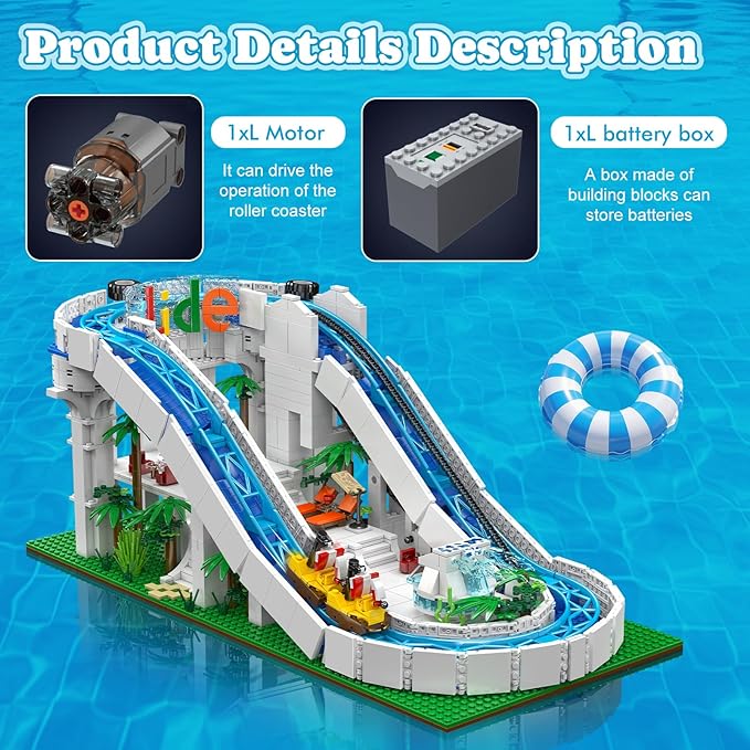 Sosuy Water Slide Building Blocks Sets, 2088+ Pcs Motorized Aqua Coaster Model with Ride Cars Tropical Theme, Toy for Boy Teens Adults, for Adult Kids Boys Girls 8+