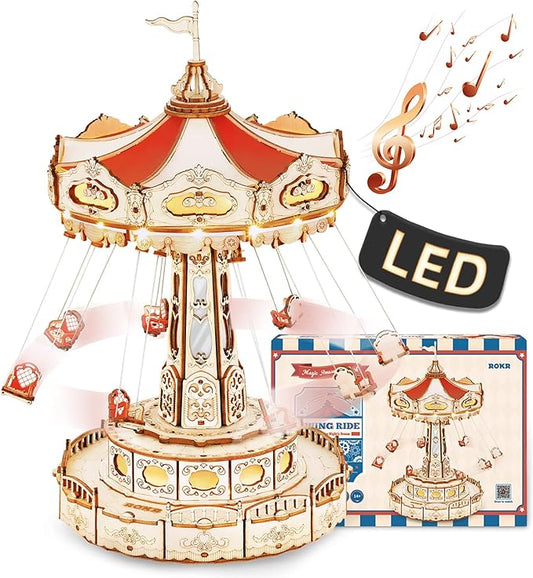 ROKR 3D Puzzles for Adults-Projects for Teens-LED Swing Ride Model Building Kit-Music Box DIY Kit-Gift for Teens and Adults