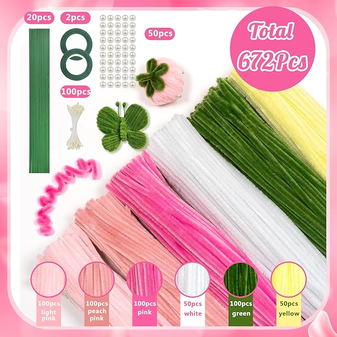 500 Pcs Pink Pipe Cleaners Craft for Flowers, Pastel Chenille Stems for DIY Art Projects Creative Gift(5 Colors), Pipe Cleaner Flower Kit with Floral Stems, Gardening Tape,Stamen& Pearls (Pink Flower)