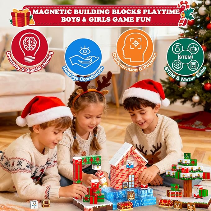 180PCS Magnetic Blocks - Christmas Magnetic Building Blocks Set for Kids – STEM Sensory Magnetic Cubes Tiles Building Toys for Boys Girls Toddlers Ages 3 4 5 6 7 8-12, Xmas Gifts & Stocking Stuffers