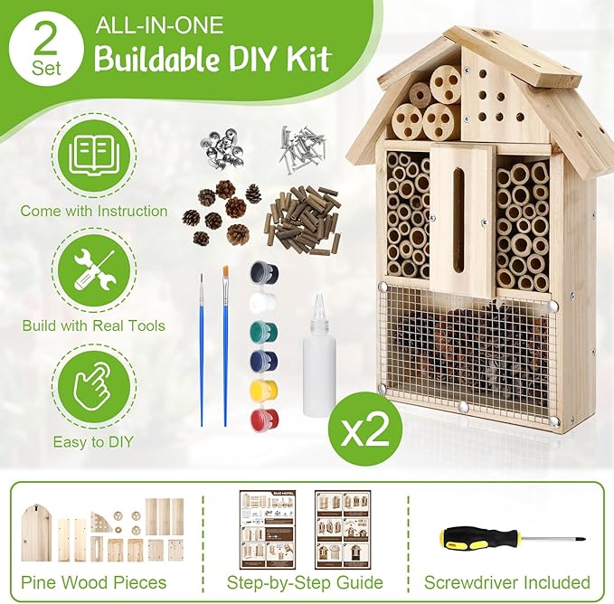 2 Set Bug Hotel Kit DIY Insect Hotel Lady Bug House for Garden DIY Cedar Wood Craft for Butterfly, Ladybird, Beneficial Insect Habitat Mason Bee House, 13.6 x 10.8 x 2.8 Inch(B)