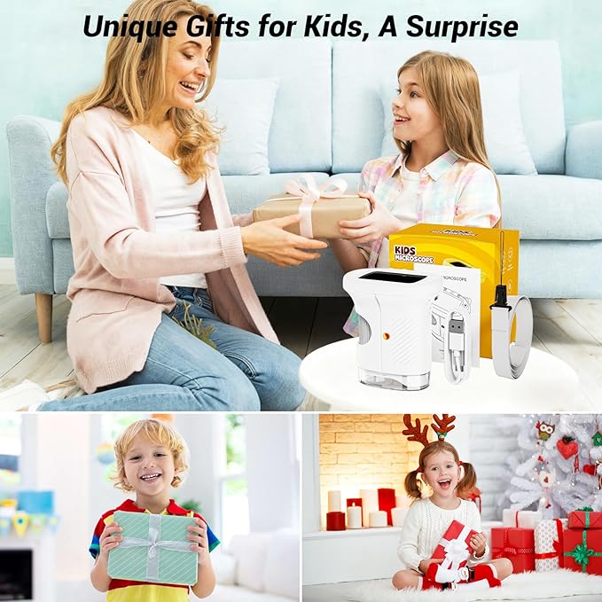 Pocket Kids Microscope, 1000X Handheld Microscope for Kids w/2.4'' Screen, Photo Video Mini Portable Microscopes Science Edu Digiscope, Christmas Birthday Gifts Ideas for Kids Ages 3-12 (White)