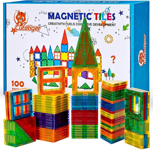 CuteTiger Magnetic Tiles, Magnet Tiles, 100 Pcs Magnetic Building Blocks No Cars, Square Building Castle, Preschool Toys, STEM Stacking Construction Montessori Toys for Kids