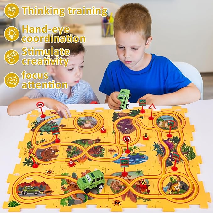 25PCS Puzzle Racer Dinosaur Themed Series, Kids Car Track Set, Educational Puzzle Toys Gifts for Boys and Girls