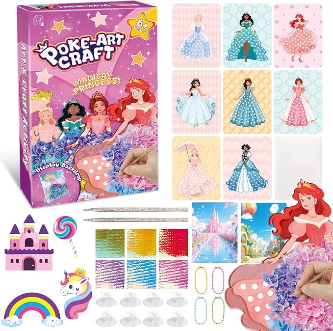 Poke in Fun Magical Princesses Kit, Arts and Crafts for Girls with 8 Magical Princesses, Mess-Free Fun for Kids, DIY Craft Kits, Gifts for Girls & Boys Ages 3-12