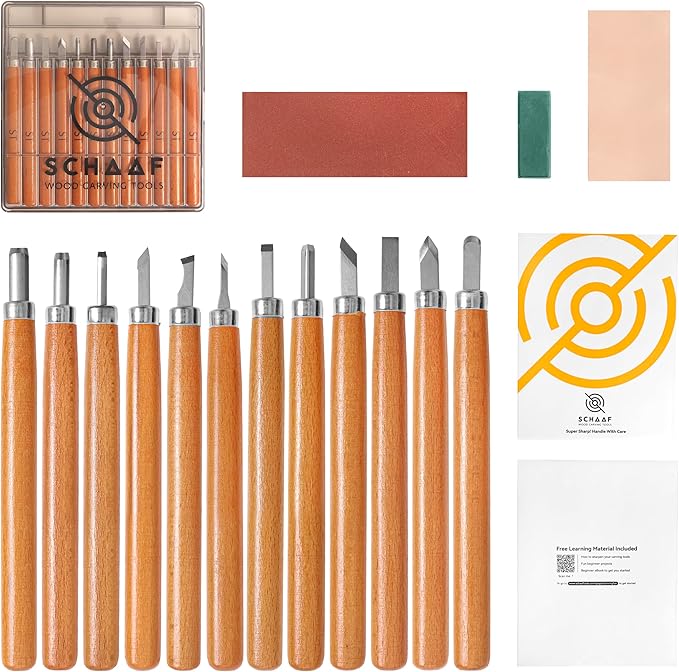 Beginner-Friendly Wood Carving Kit, 15pc Wood Carving Tools Set with Razor Sharp Carving Knives & Mini Chisels, Linoleum Carving, and Woodworking for DIY Crafts from Schaaf (Large)