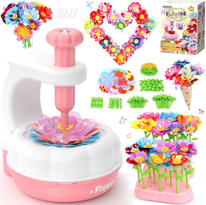 PERRYHOME Fabric Flower Bouquets Toys, 300+ Pcs DIY Flower Making Kit, 2 Gameplays Educational Arts & Crafts for Kids, Reusable Bouquets Maker Birthday Gift for 3 4 5 6 7 8 Years Toddler Girl