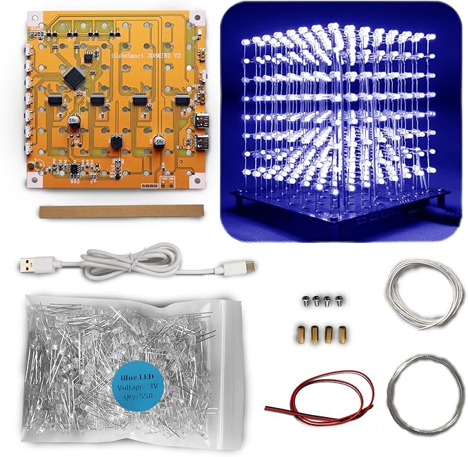 Mini 3D Led Cube DIY Electronics Kit Soldering Project Kit (3D8MINI-ALLBLUE-KIT)