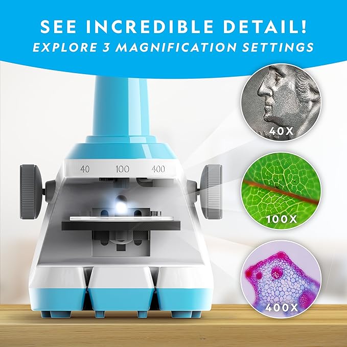 NATIONAL GEOGRAPHIC Microscope for Kids - Science Kit with an Easy-to-Use Kids Microscope, Up to 400x Zoom, Blank and Prepared Slides, Rock & Mineral Specimens, STEM Project Toy