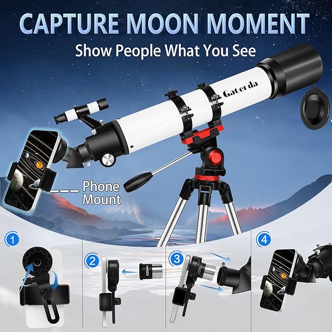 Telescope, Telescope for Adults High Powered - 90mm Aperture 700mm Refractor Telescopes for Astronomy Beginners with AZ Mount Tripod and Phone Adapter for Moon Observation