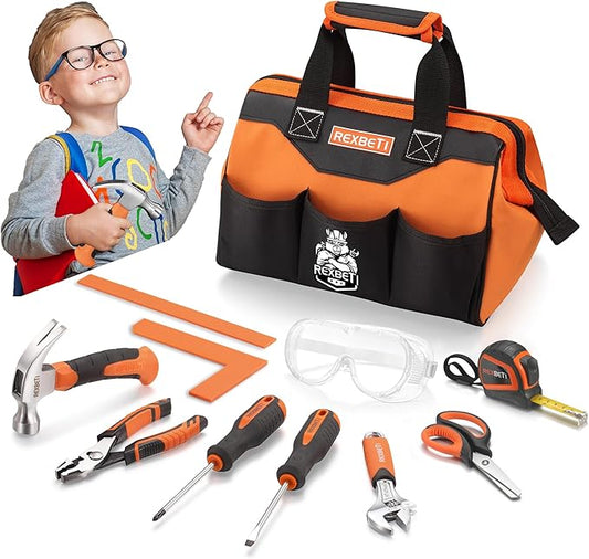 REXBETI 10-Piece Kids Tool Set with Real Hand Tools, Orange Durable Storage Bag, Children Learning Tool Kit for Home DIY and Woodworking, 6+ Years Old Birthday Gift