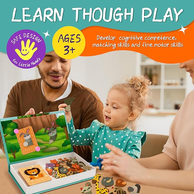 Animal Magnetic Busy Book for Toddlers, Montessori Quiet Travel Toy with 45 Magnets & 14 Activity Cards - Magnet Puzzles Airplane Toys for Kids Ages 3+, Educational Preschool Learning Game